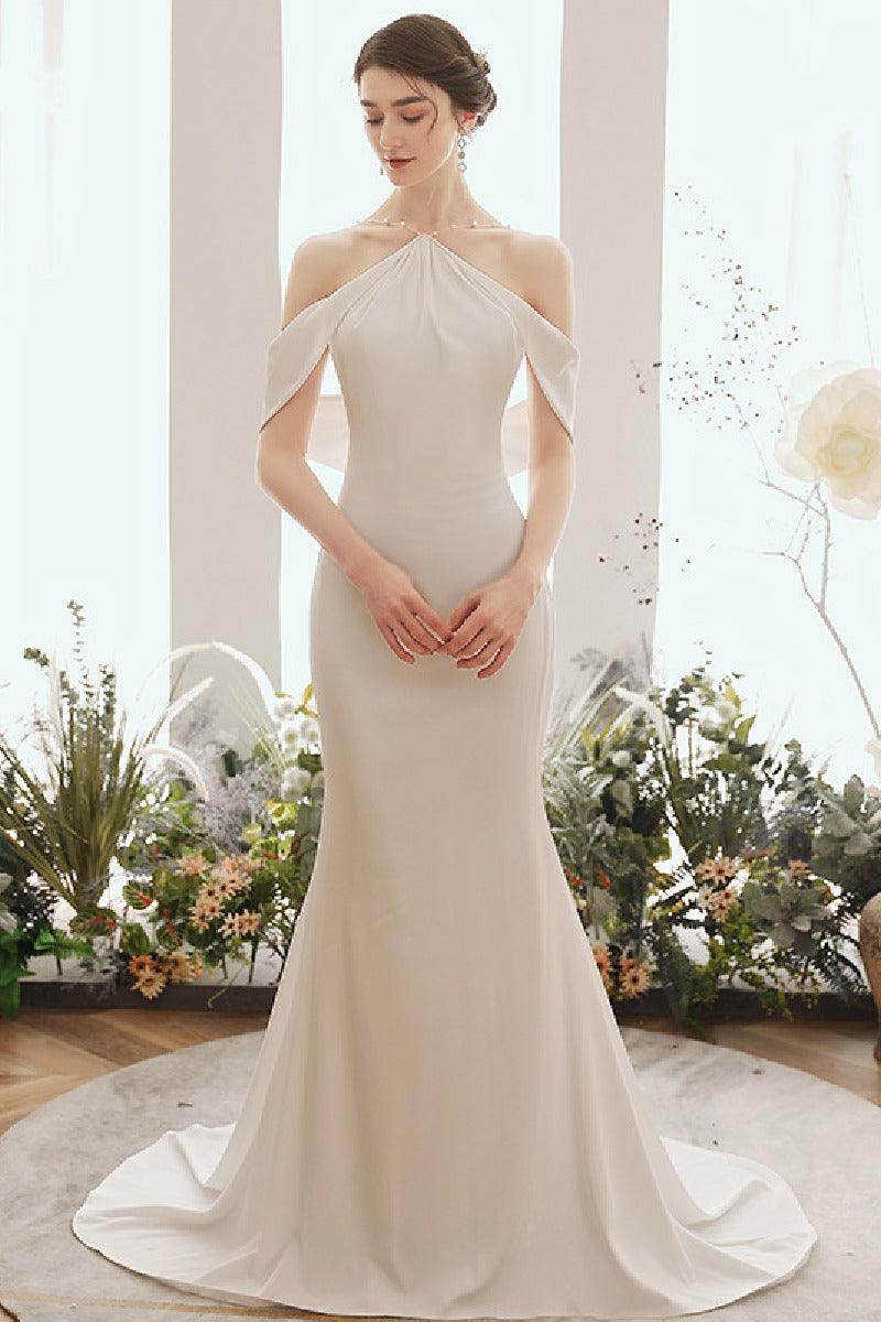 Sheath-Column Sweep-Brush Train Elastic Cloth Wedding Dress 674468699596 - COCOMELODY